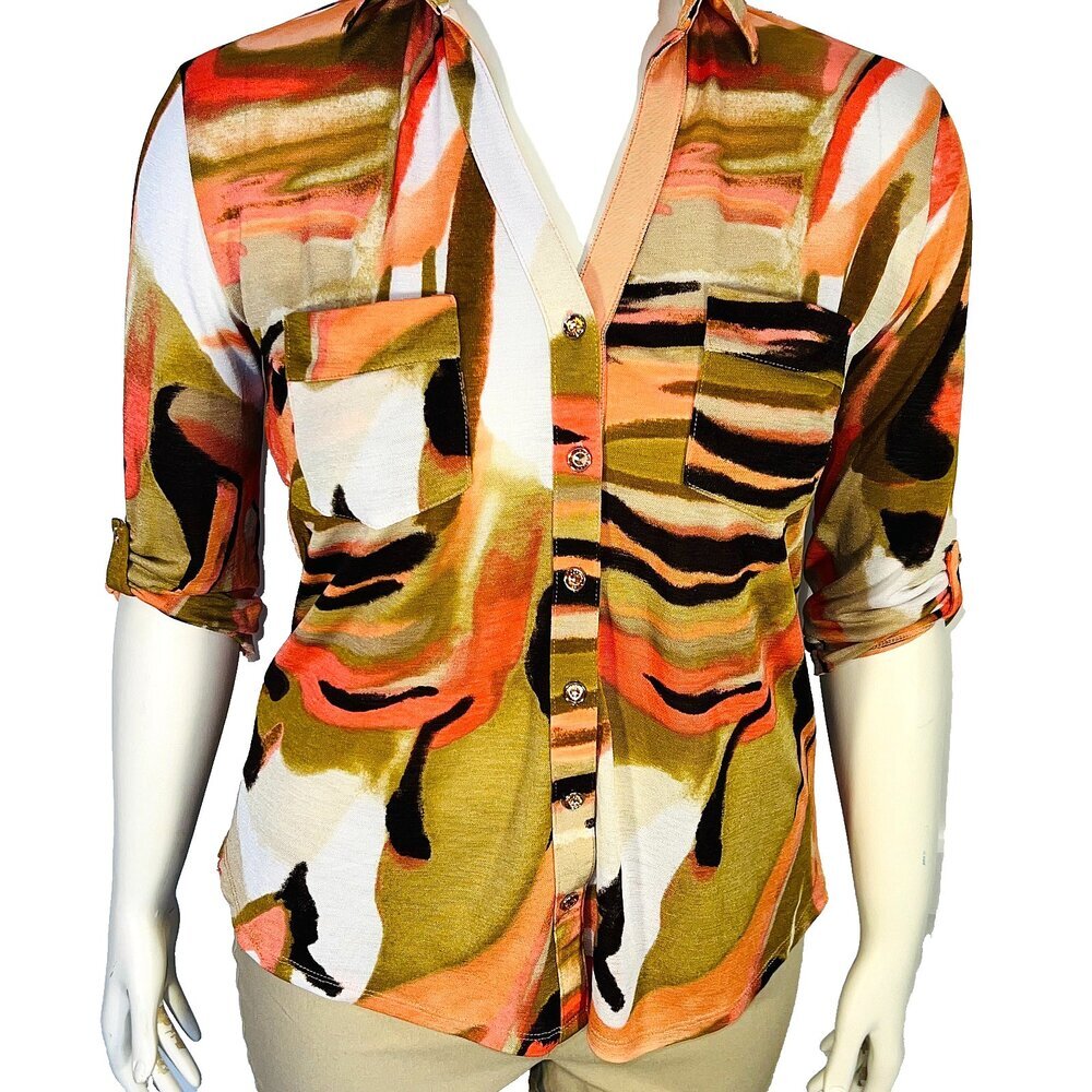 Venini Blouse Womens L Button Up Animal Print Earth Tones Jeweled Buttons